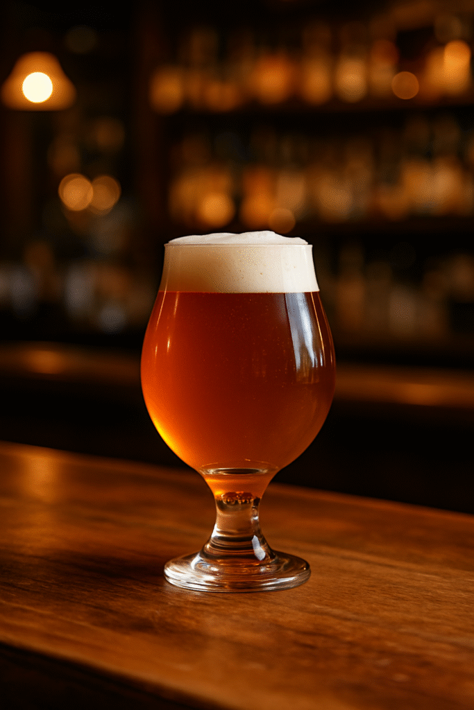 Uma taça tulipa cheia de cerveja Uma taça tulipa cheia de cerveja
