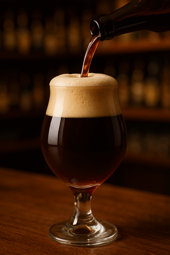 Uma taça tulipa sendo servida por uma Belgian Strong Dark Ale Uma taça tulipa sendo servida por uma Belgian Strong Dark Ale