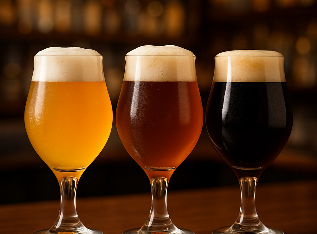 Taças tulipas cheias de cerveja em um balcão de bar