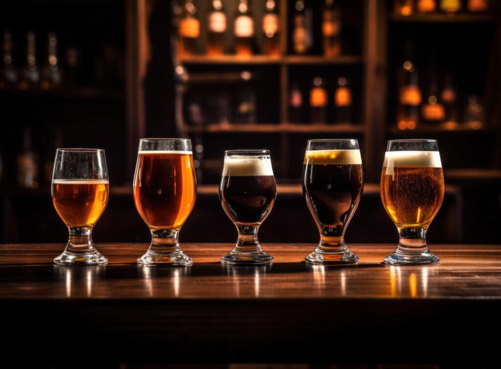 Taças de cerveja no balcão de um bar