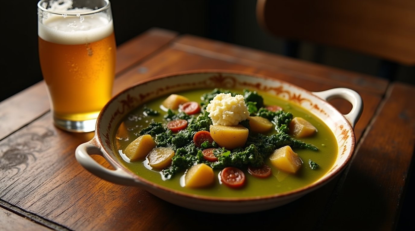Um prato de caldo verde com cerveja