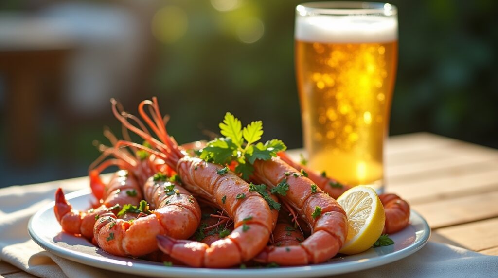 copo-de-cerveja-harmonizacao copo de cerveja acompanhada de um prato de frutos do mar grelhados