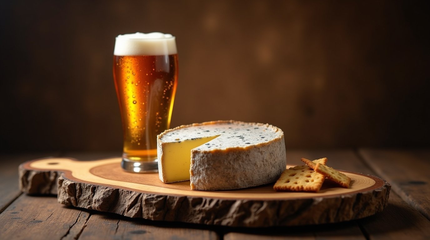 copo de cerveja acompanhada de um prato de queijo forte e envelhecido