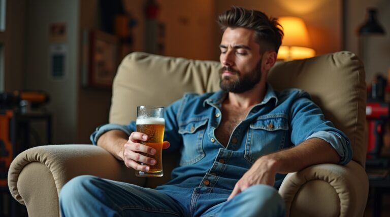 Um eletricista descansando com um copo de cerveja na mão