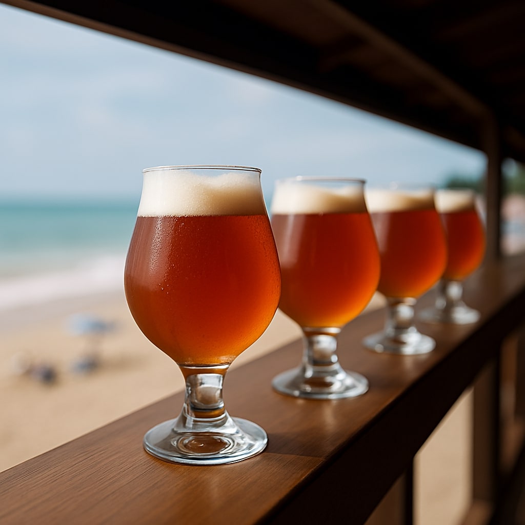 Taças tulipas sob o balcão de um bar na praia